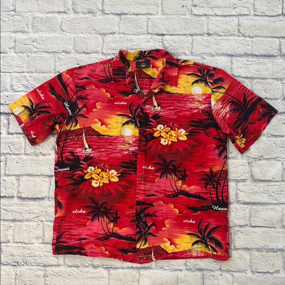 Royal Creations Hawaiian Shirt Button Front Short Sleeve Palm Trees Men’s Large
